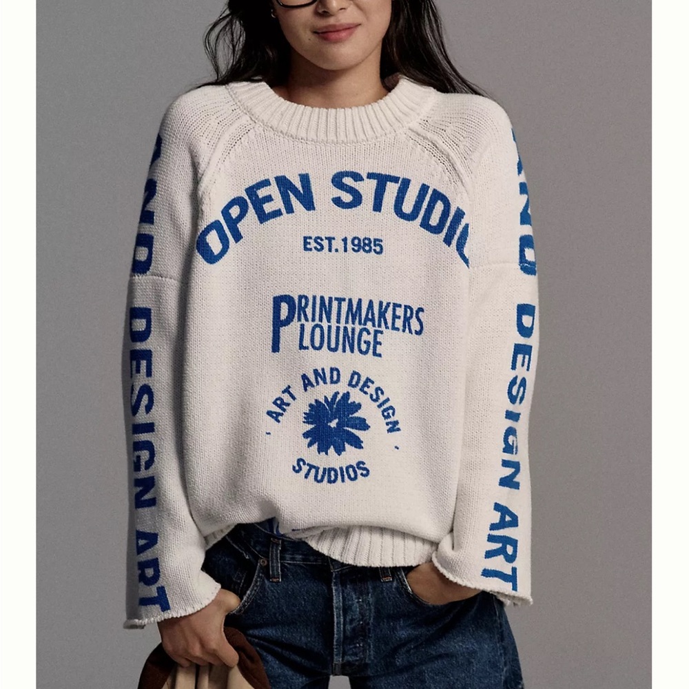 Women's Cream and Blue Graphic Sweater